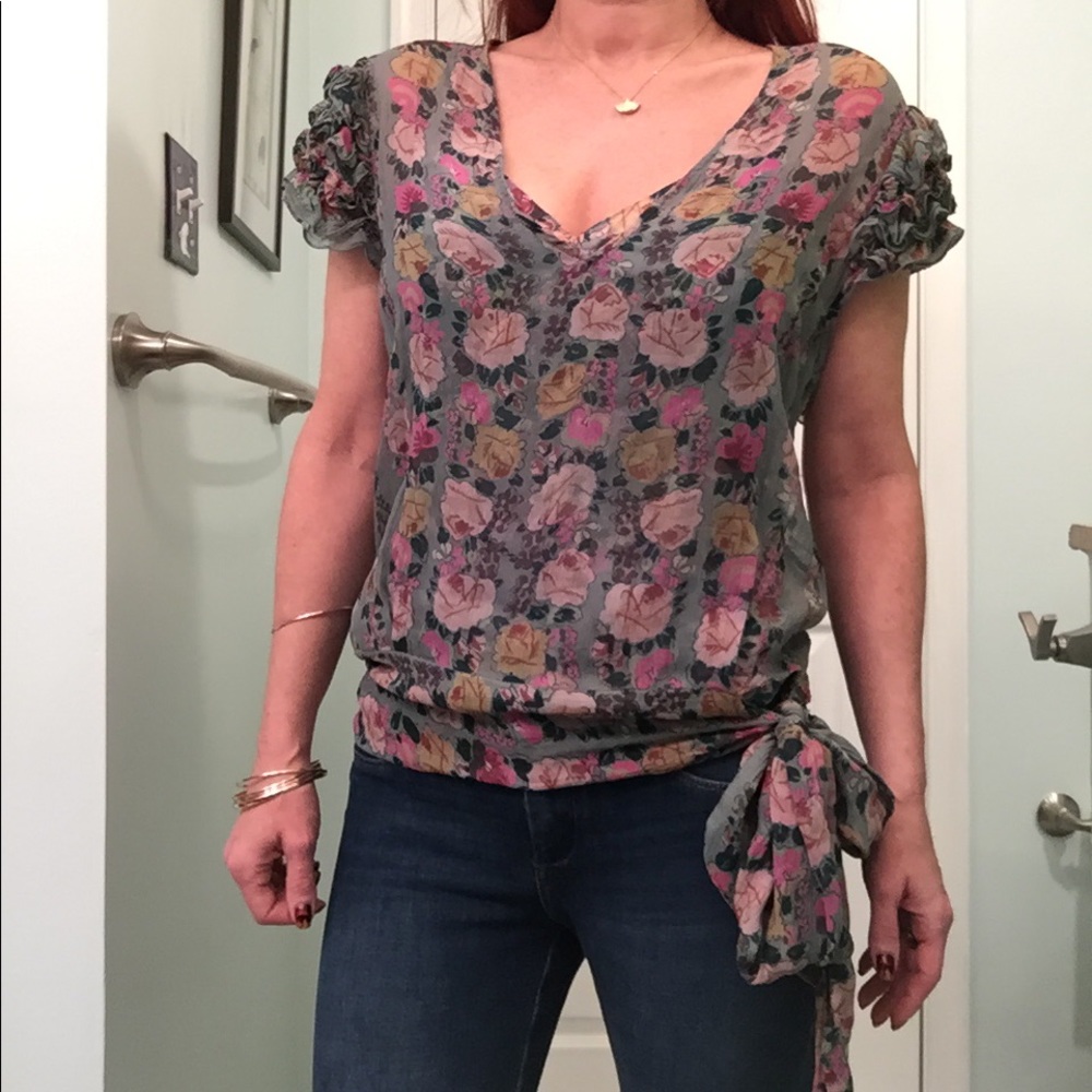 Tracy Reese 8 silk blue floral top blouse tie